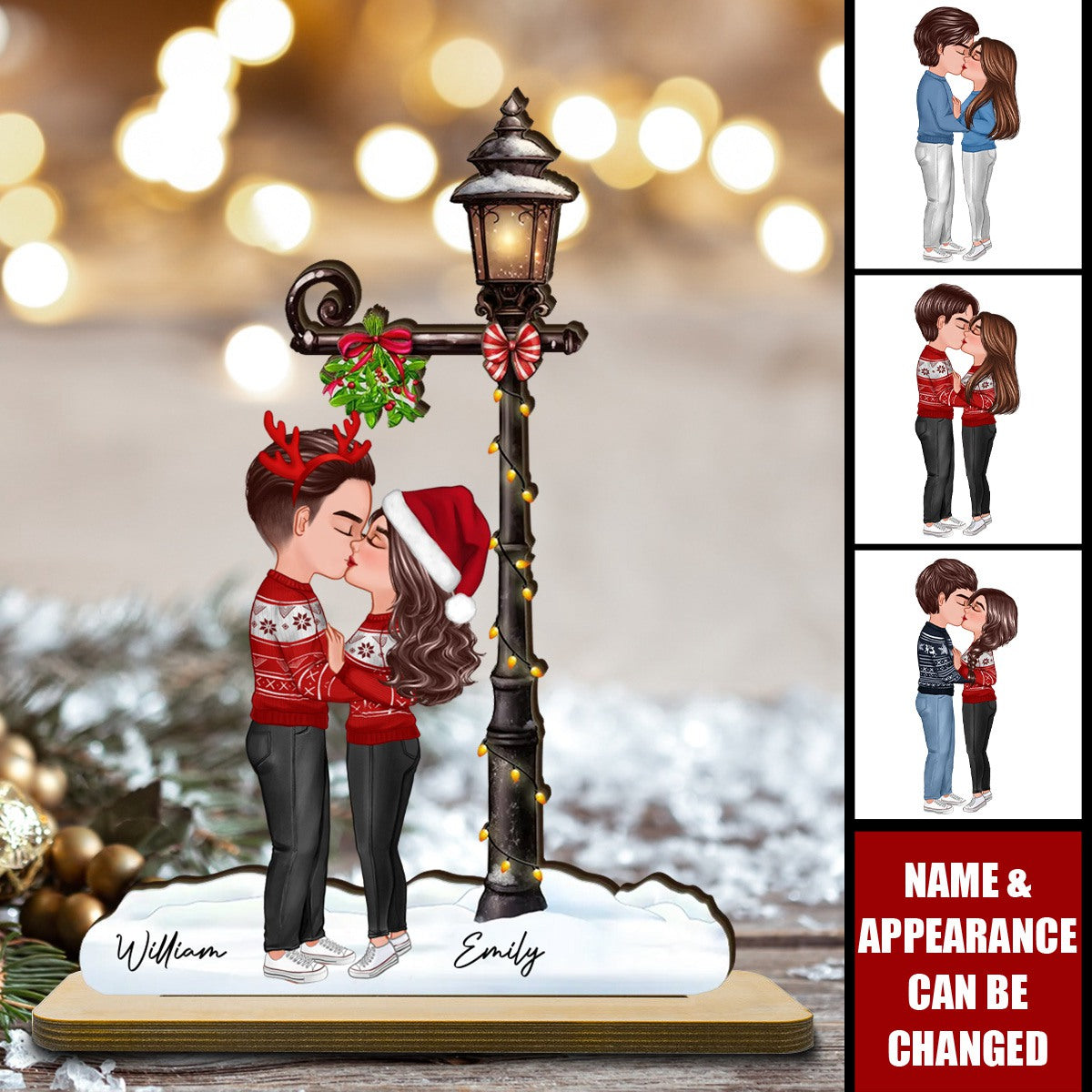 Couple Kissing Under Mistletoe Lamp Post Christmas Personalized 2-Layer Standing Wooden Plaque