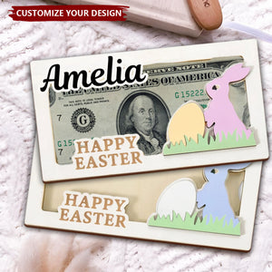 Cute Pink Blue Easter Bunny - Personalized Wooden Money Holder, Easter Gift for Kids Adults