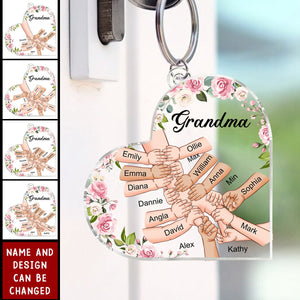 Grandma Holding Hand With Grandkids Names - Personalized Keychain