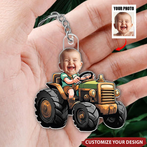 Custom Face Boy Loves Tractors - Personalized Photo Keychain