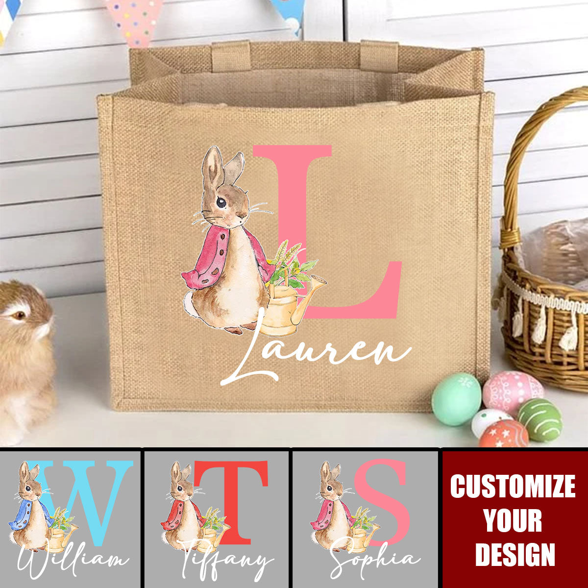 Rabbit Bunny - Personalized Jute Tote Bag, Easter Egg Hunt Basket Gift For Kids