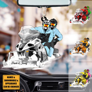 Couple Sled Skiing - Personalized Car Ornament, Couple Snowmobiling, Gifts for Snowmobilers