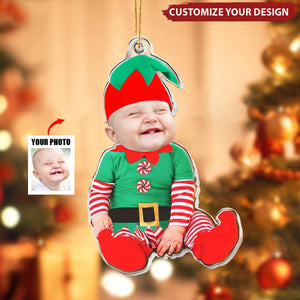 Adorable Newborn Baby Elf - Personalized Babys Photo Christmas Ornament