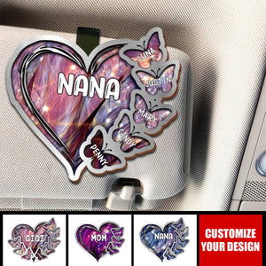 Sparkling Grandma - Mom Heart Butterfly Kids, Multi Colors Personalized Car Visor Clip