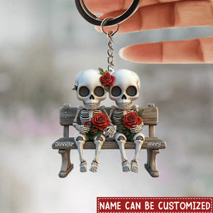 Skull Couple With Red Roses - Personalized Couple Keychain