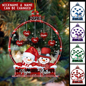 Sparkling Christmas Snowman Papa Nana Dad Mom Heart Kids In Snowball - Personalized Ornament