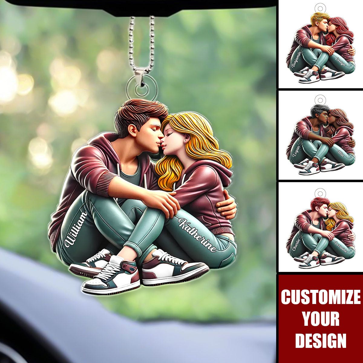 Couple Sitting Kissing - Personalized Acrylic Car Ornament, Gift For Couple, For Him, For Her