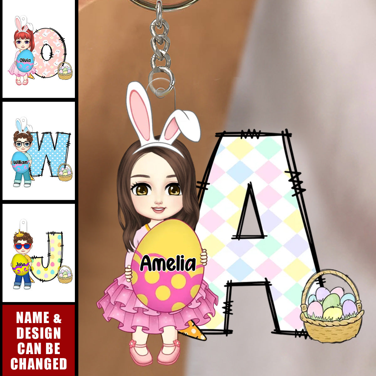 Cute Holding Easter Egg Cartoon Boy Girl - Personalized Acrylic Keychain