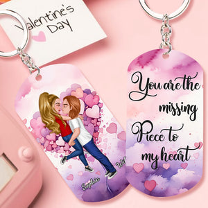 Doll Couple Kissing Hugging - Personalized Stainless Steel Keychain, Valentine's Day Gift Idea For Couple