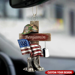 Military Cross - Personalized Acrylic Car Ornament, Gift For Soldiers And Veterans