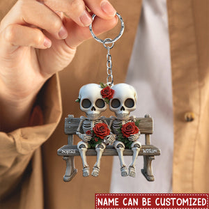 Skull Couple With Red Roses - Personalized Couple Keychain