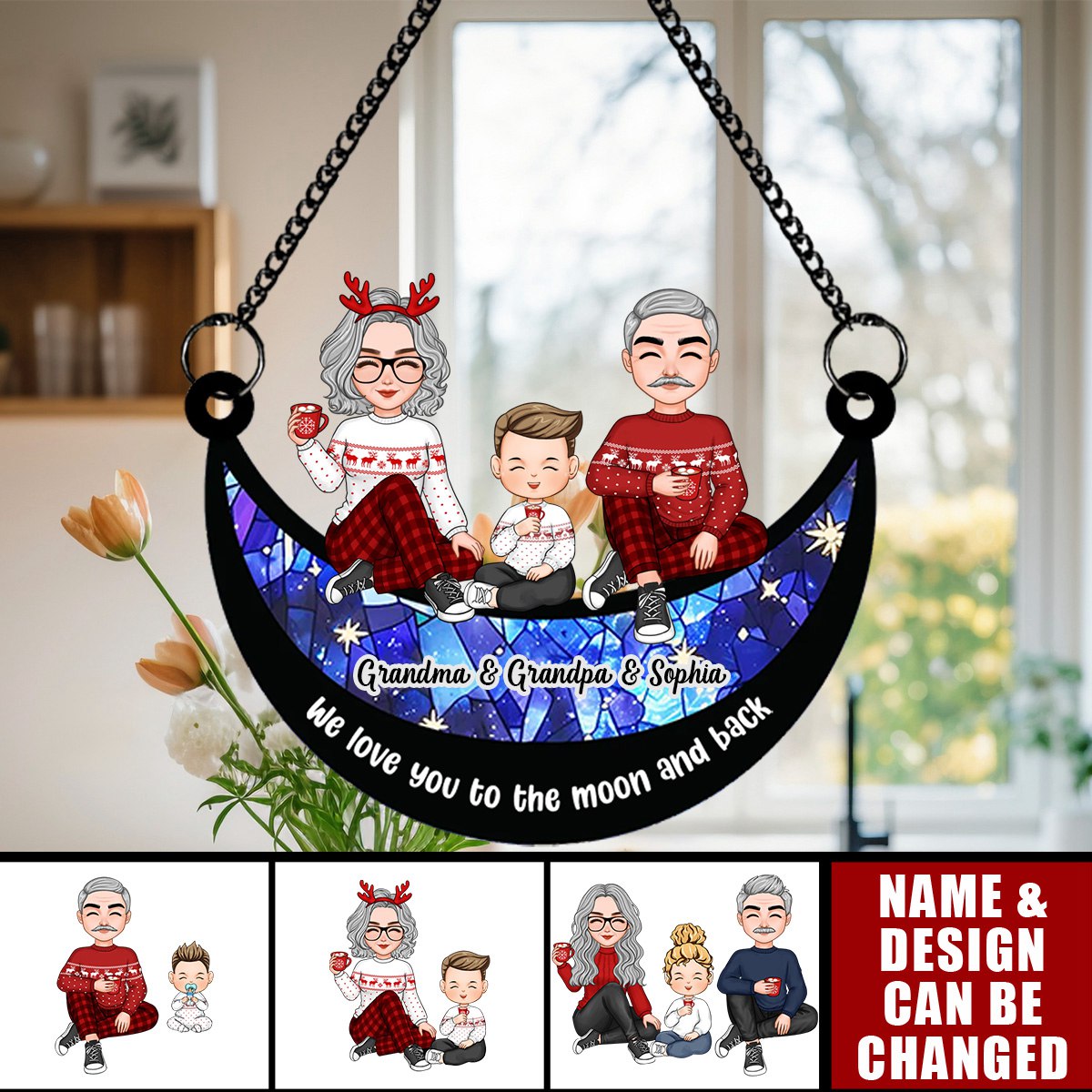 Grandma Grandkid On Moon Personalized Window Hanging Suncatcher Ornament, Christmas Gift For Granddaughter Grandson