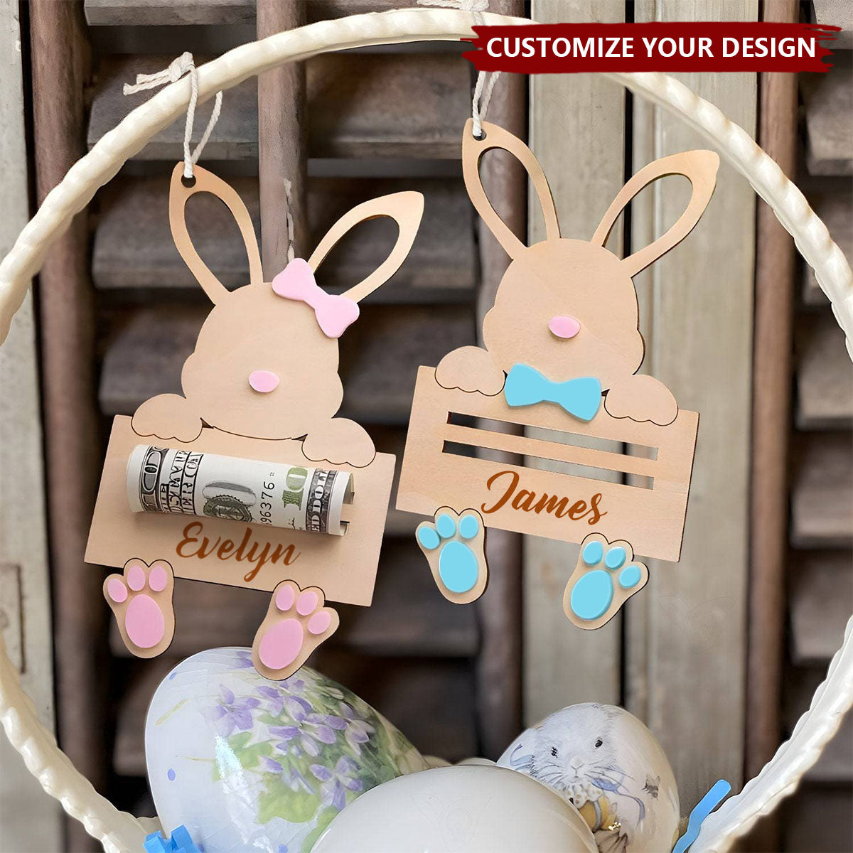 Personalized Rabbit Bunny Money Holder Basket Tags Ornament, Easter Gift For Grandkids Kids