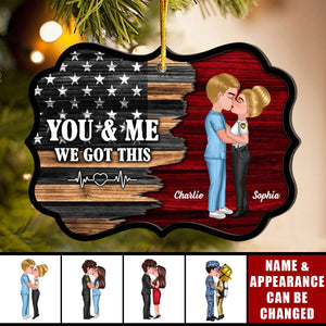 Hero Couple Kissing Half Flag Christmas Decor Gift Personalized 2-Layer Wooden Ornament