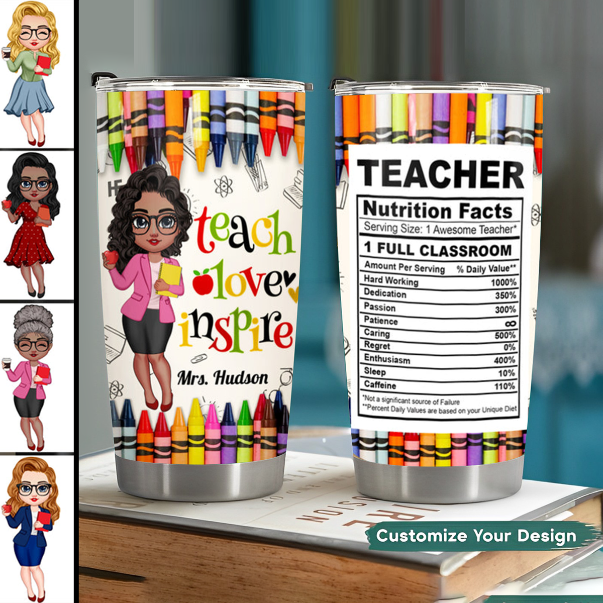 Colorful Crayon Teacher Nutrition Facts Personalized Glitter Tumbler ...