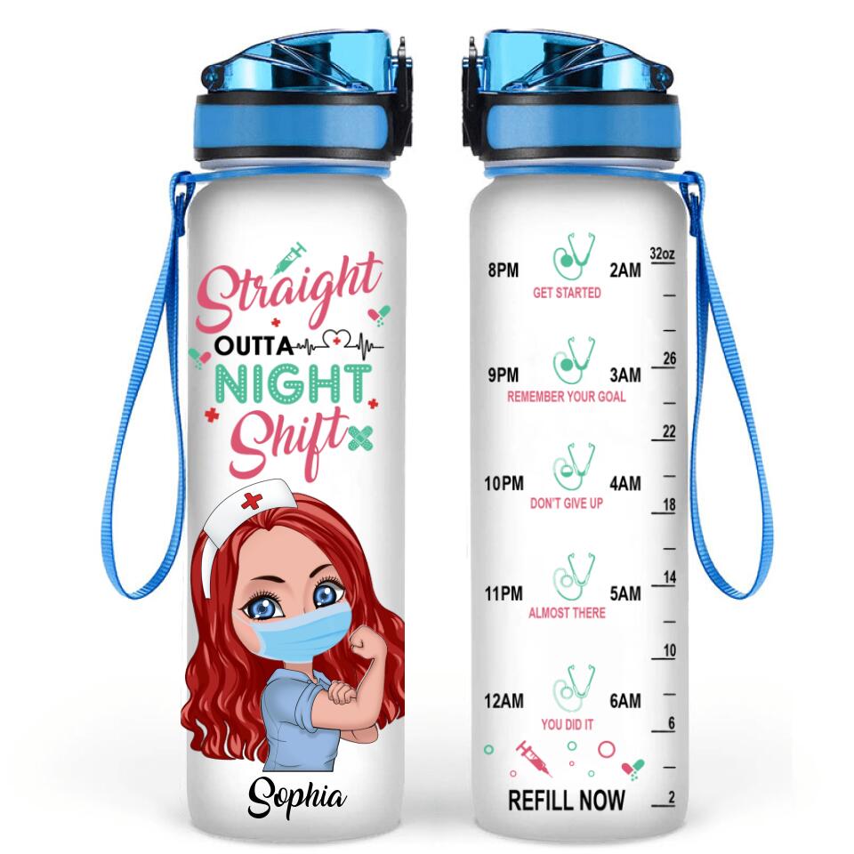 Personalized Nurse Water Tracker Bottle - Gift Idea For Nurse - Straight Outta Night Shift