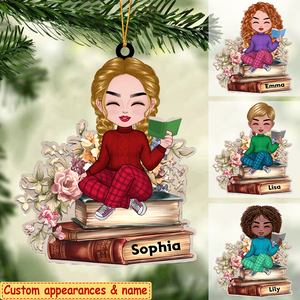 Book Lovers - Reading Girls Sitting On Books - Personalized Arcylic Ornament