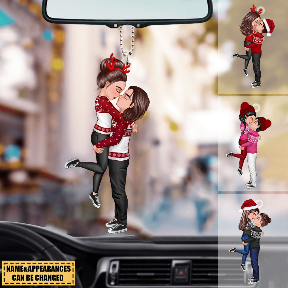 Winter Christmas Couple Kissing Hugging Personalized Car Ornament