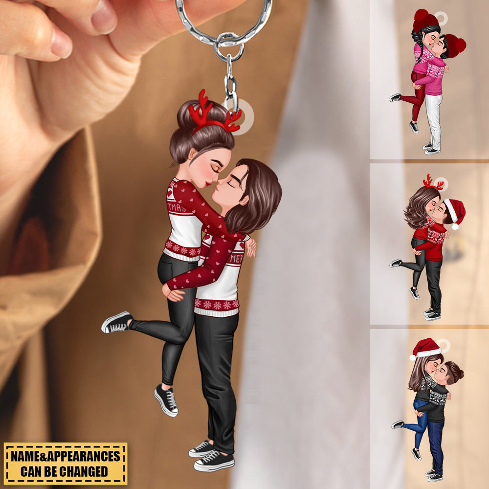 Winter Christmas Couple Kissing Hugging Personalized Keychain