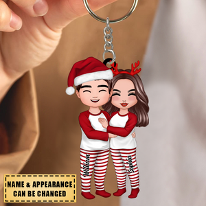 Christmas Doll Couple Standing Hugging - Personalized Keychain