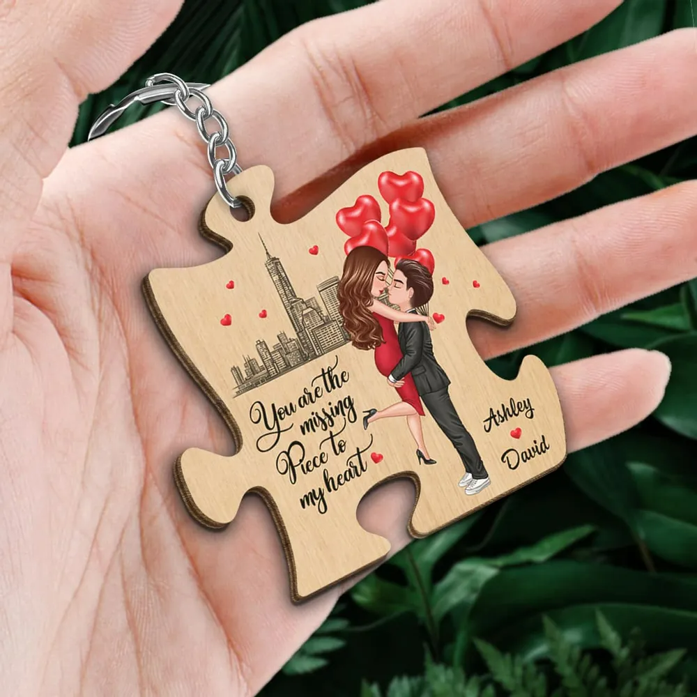 The Missing Piece To My Heart Doll Couple Hugging Kissing Gift For Him For Her Personalized Wooden Keychain