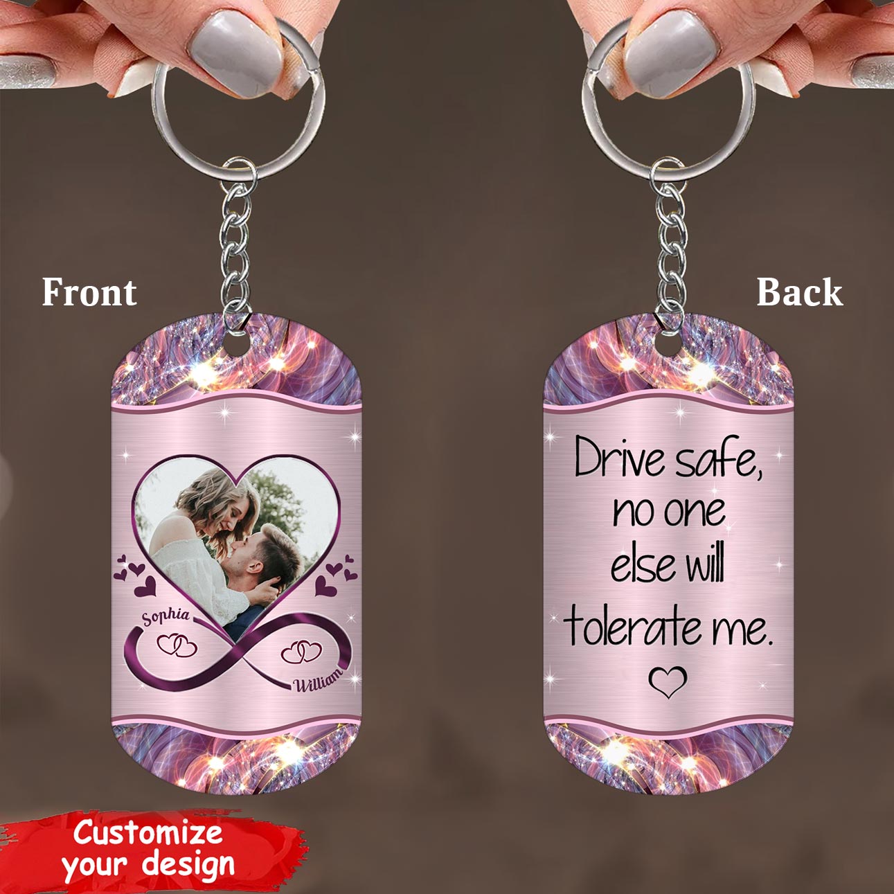 Custom Couple Photo Drive Safe Personalized 2 Sided Dog Tag Keychain