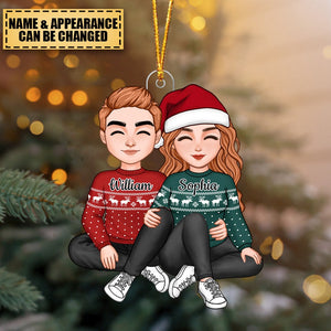 Christmas Cute Couple Sitting Hugging Personalized Ornament