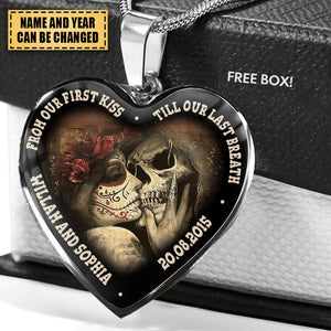 From Our First Kiss Till Our Last Breath Skull Couple Heart Necklace Perfect Gift For Her, Him