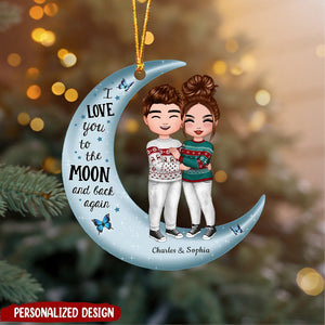 Christmas Doll Couple Standing Hugging On Moon - Personalized Ornament