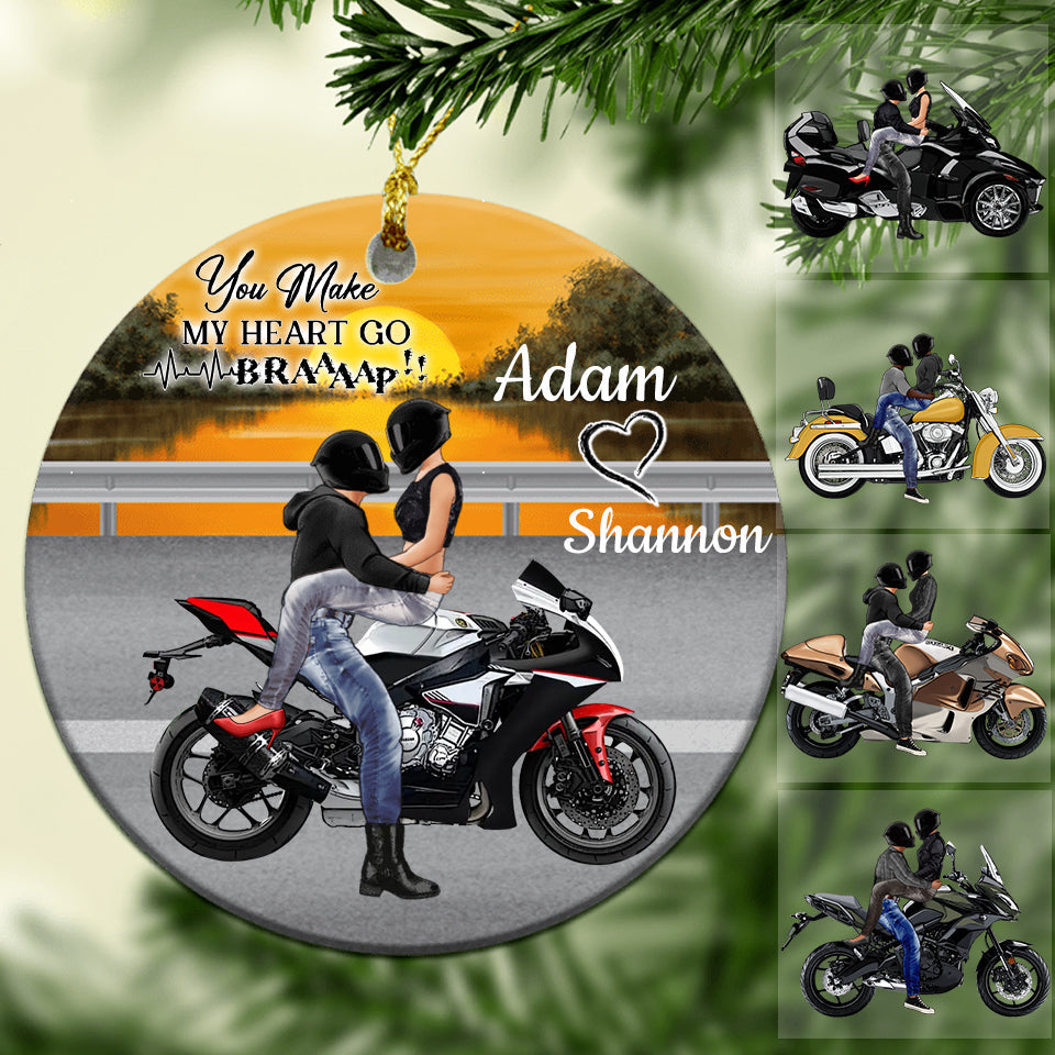 PERSONALIZED RIDING COUPLE CERAMIC ORNAMENT- YOU MAKE MY HEART GO BRAAAP