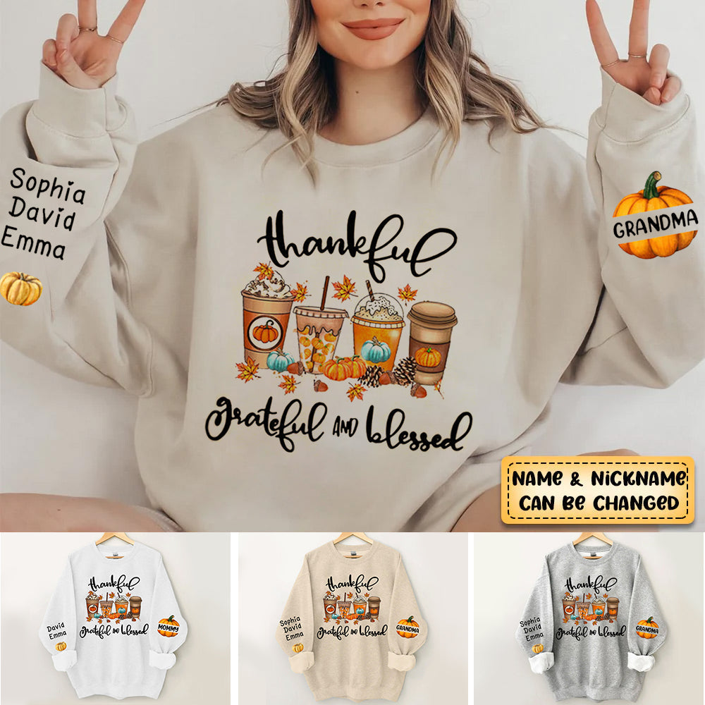 Thankful Grateful and Blessed Grandma Fall season Coffee Cup Autumn Pumpkins Personalized 3D Sweatshirt