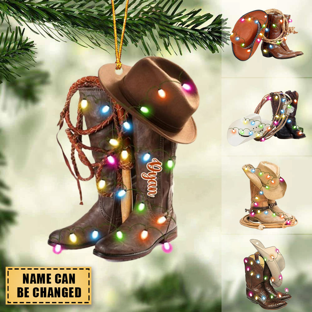 Personalized BOOTS AND HAT COWBOY Acrylic Christmas Light Ornament