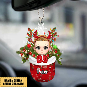 Personalized Kid In Snow Pocket Christmas Car Ornament