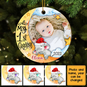 Baby's First Christmas Elephant Photo Circle Ornament