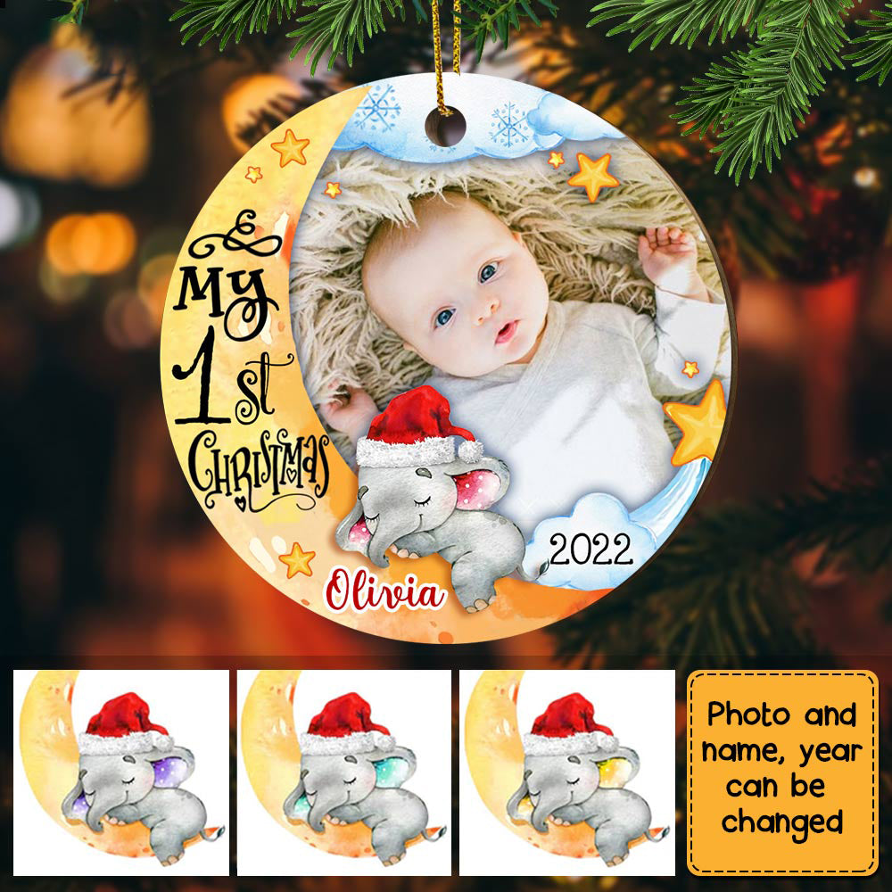 Baby's First Christmas Elephant Photo Circle Ornament