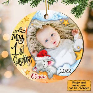 Baby's First Christmas Elephant Photo Circle Ornament