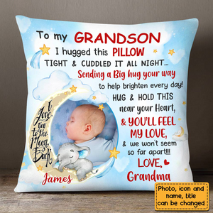 Blue Grandson Love To The Moon And Back Hug This Custom Photo Pillow