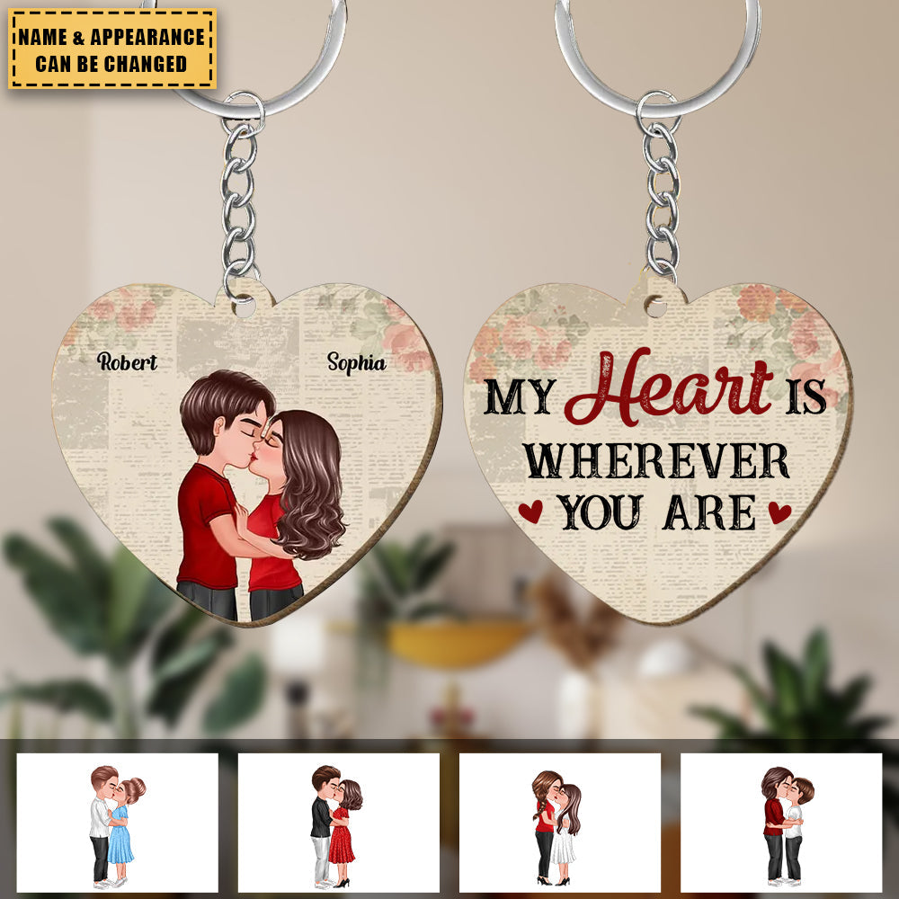 Favorite Place In All The World Couple Kissing Personalized Heart Shaped Wooden Keychain