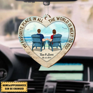 Back View Couple Sitting Beach Landscape Personalized Wooden Ornament