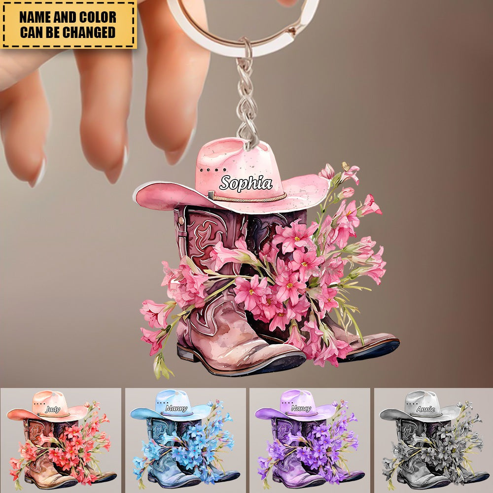 Personalized Boots And Hat Flower Cowboy Acrylic Keychain