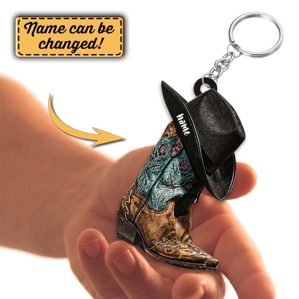 Personalized Cowgirl Boots And Hat Acrylic Keychain