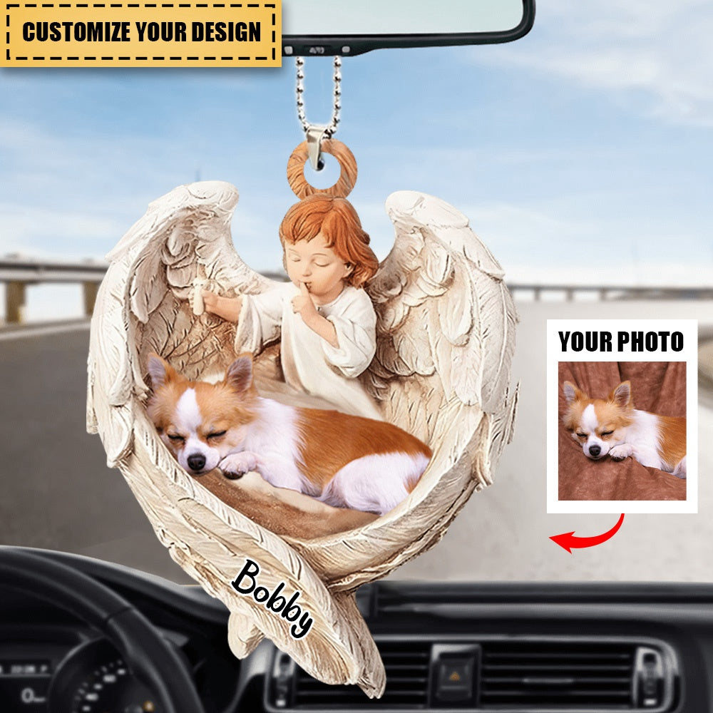 Dog Car Ornament - Dog Lover Gifts - Sleeping Pet Within Angel Wings - Custom Ornament from Photo