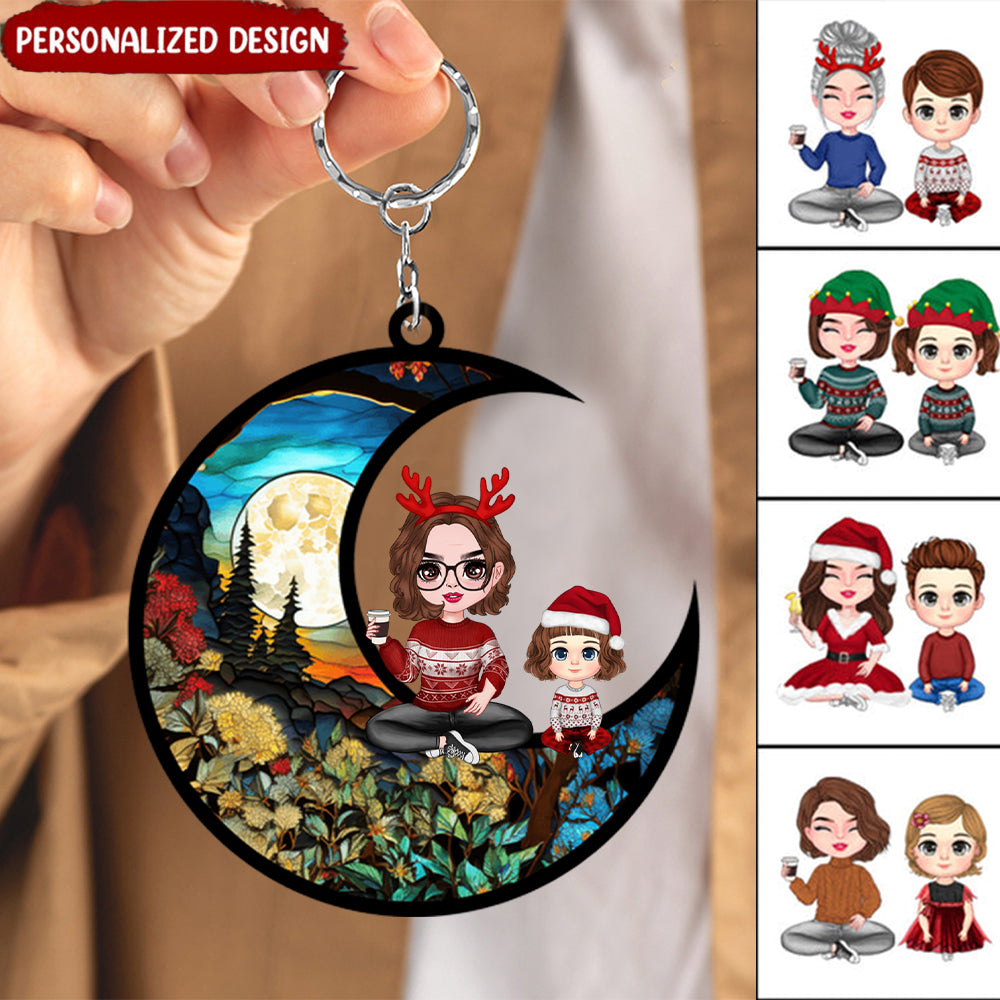 Personalized Christmas Grandma Grandkid On Moon Suncatcher Keychain