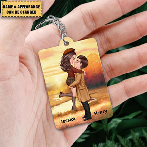 Fall Season Theme Couple Hugging Kissing - Personalized Keychain