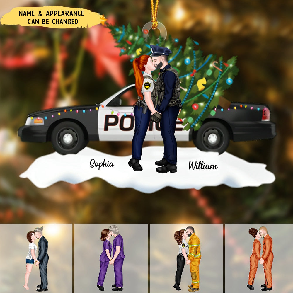 Gift For Police Officer, Couple Gift, Personalized Acrylic Ornament, Police Car Couple Kissing Ornament, Christmas Gift