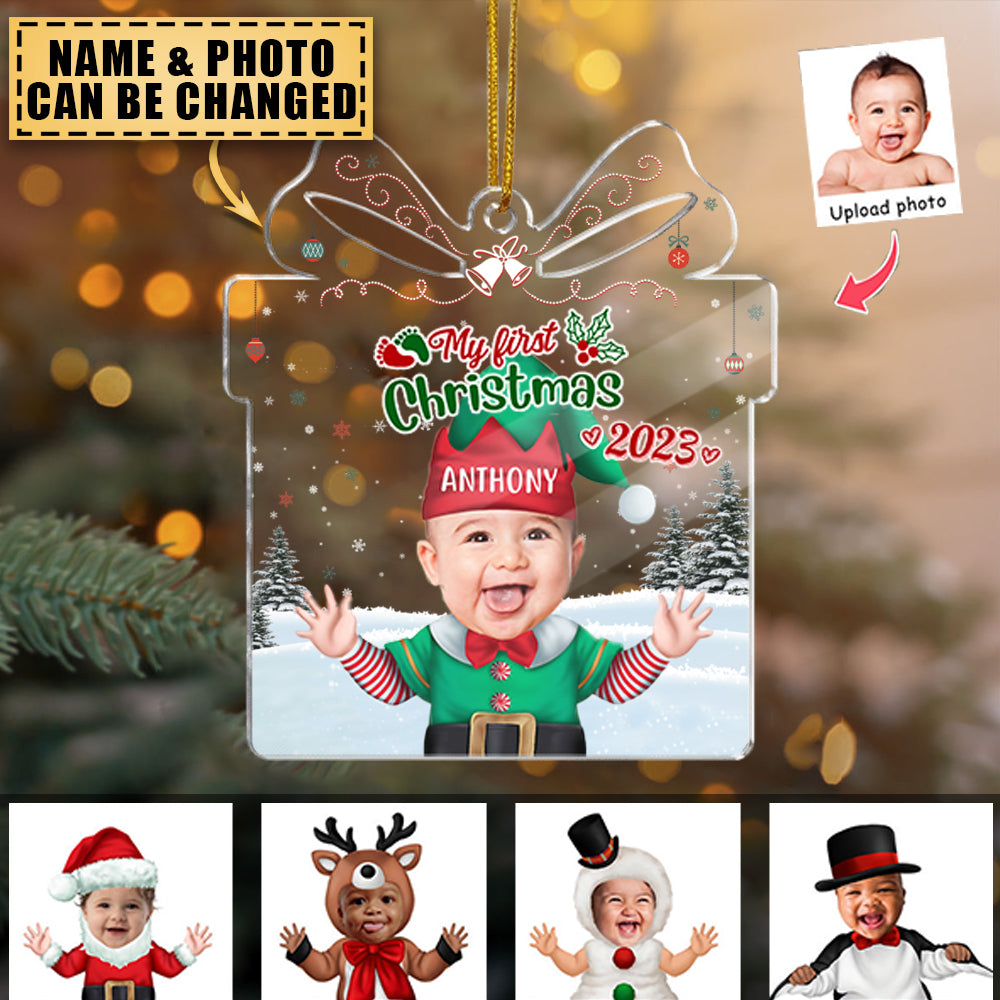 Christmas Gifts - Custom Transparent Ornament from Photo - Baby Elf - My First Christmas