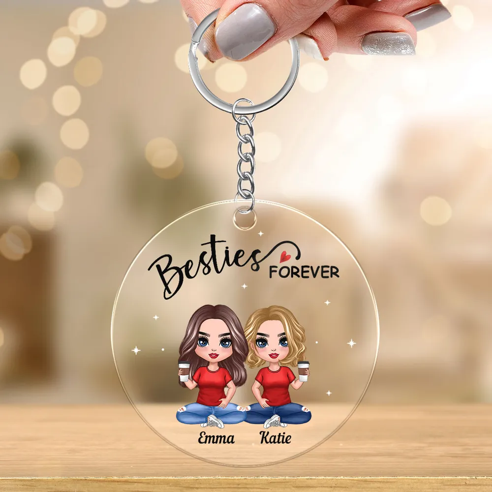 Doll Besties Sitting Always Sisters Besties Forever Personalized Circle Acrylic Keychain