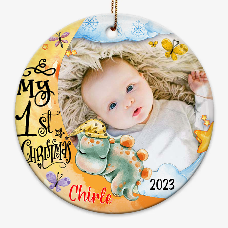 Gift For Baby First Christmas Dinosaur Nursery Photo Circle Ornament