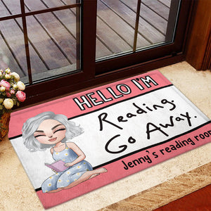 Hello I'm Reading Go Away - Personalized Doormat - Gift For Book Lovers - Girl Sitting Reading Book