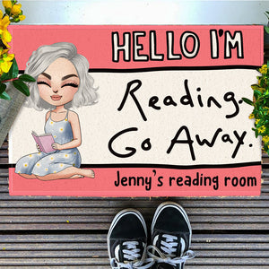 Hello I'm Reading Go Away - Personalized Doormat - Gift For Book Lovers - Girl Sitting Reading Book